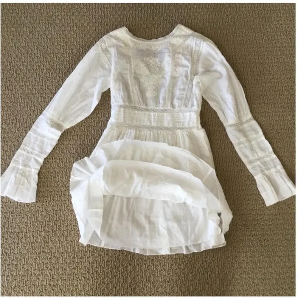 NWOT Free People Ivory Victorian Waisted CROCHET Mini Dress 2 Lace Cotton Womens